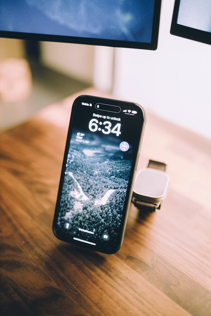 Modern smartphone and smartwatch on a wooden desk, showcasing technology and connectivity in a stylish workspace.